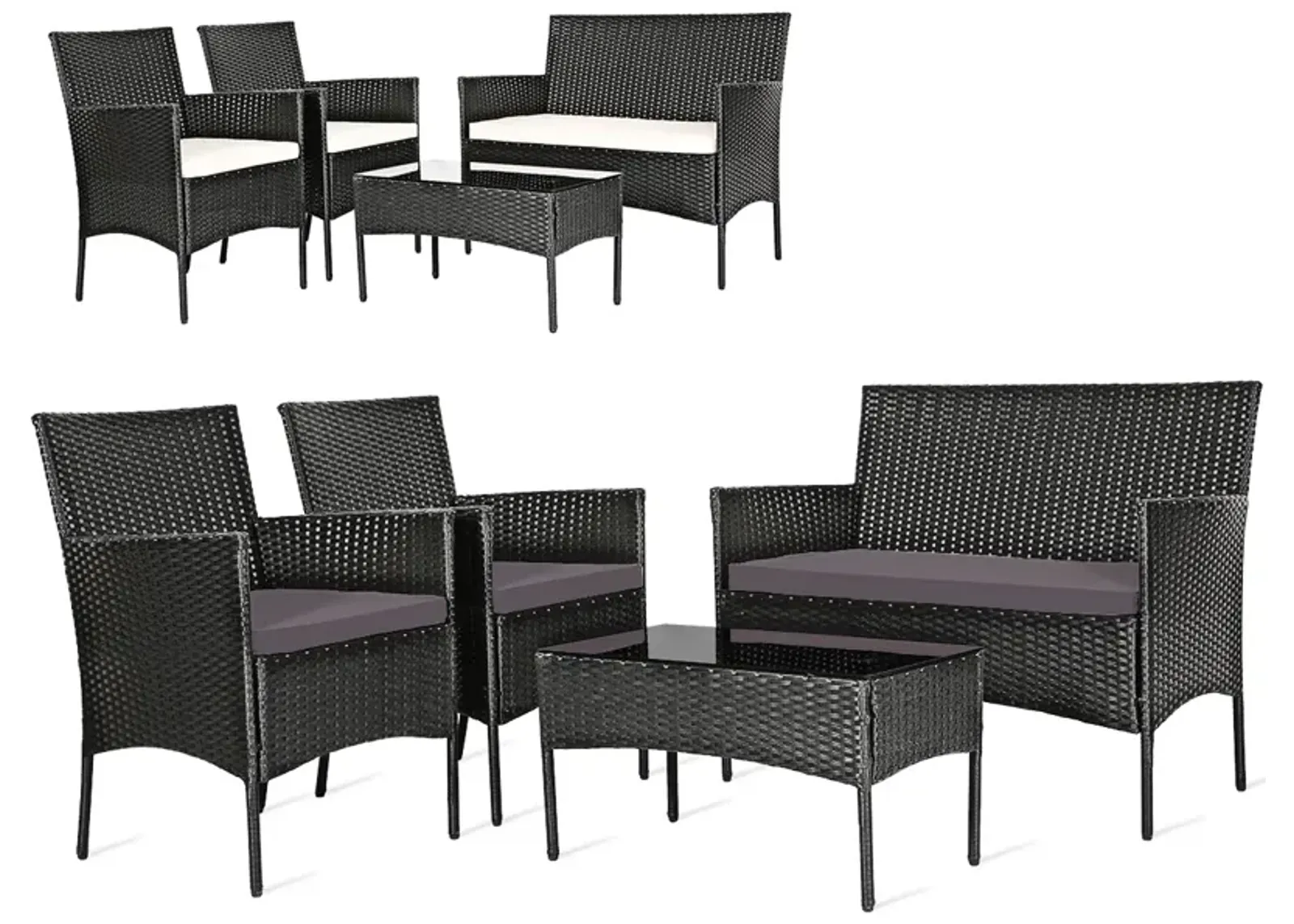 4 Pieces Patio Rattan Cushioned Sofa Set with Tempered Glass Coffee Table