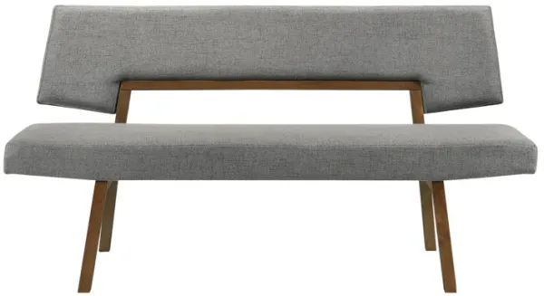 Yumi 63 Inch Dining Bench, Seat and Back with Charcoal Fabric, Walnut  - Benzara