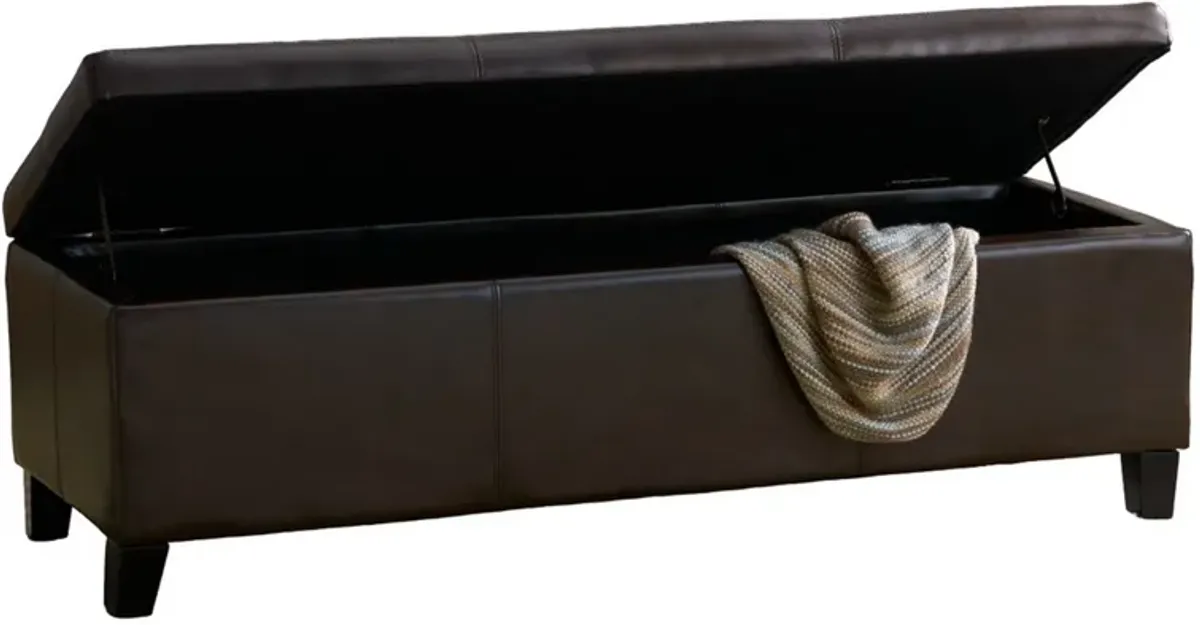 Elias Storage Ottoman Bench, Detailed Brown Faux Leather, 51 Inch -Benzara