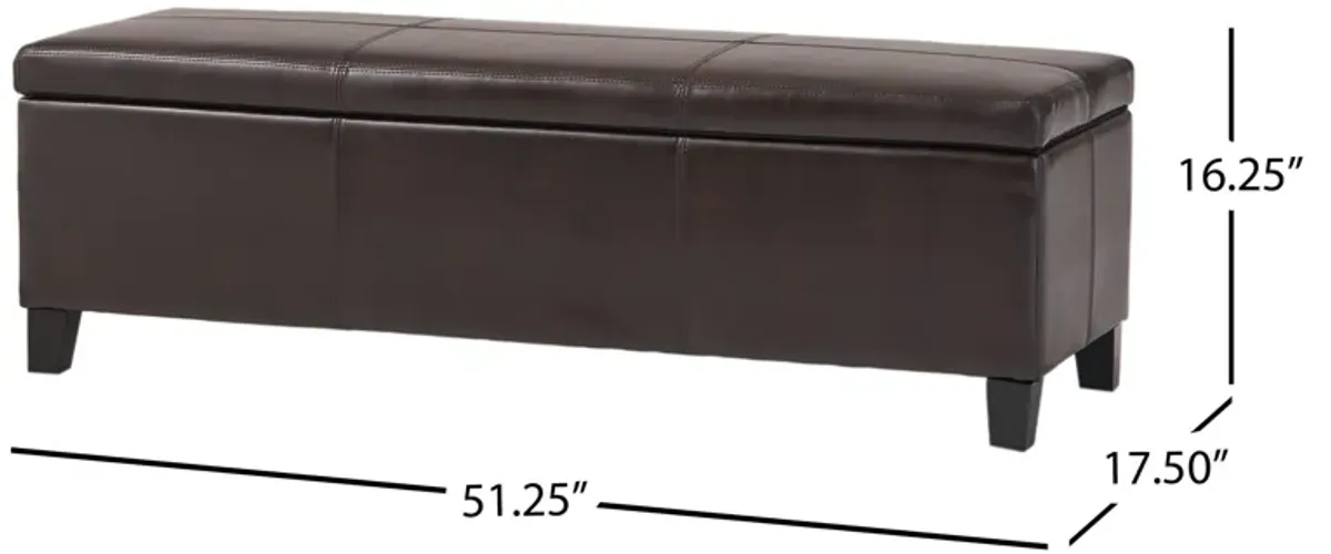 Elias Storage Ottoman Bench, Detailed Brown Faux Leather, 51 Inch -Benzara