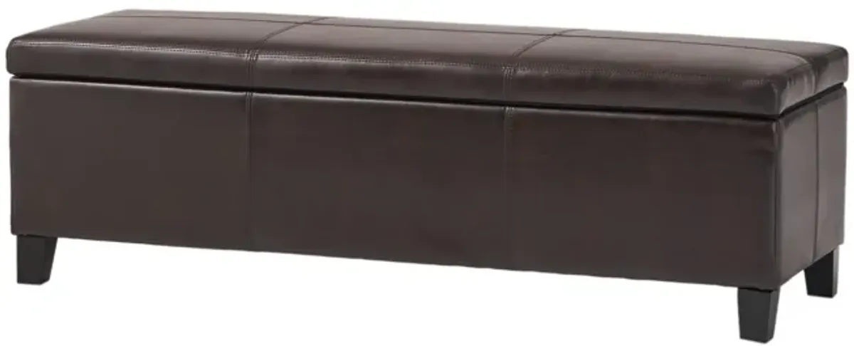 Elias Storage Ottoman Bench, Detailed Brown Faux Leather, 51 Inch -Benzara