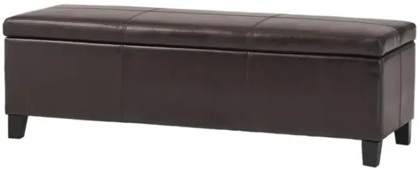 Elias Storage Ottoman Bench, Detailed Brown Faux Leather, 51 Inch - Benzara