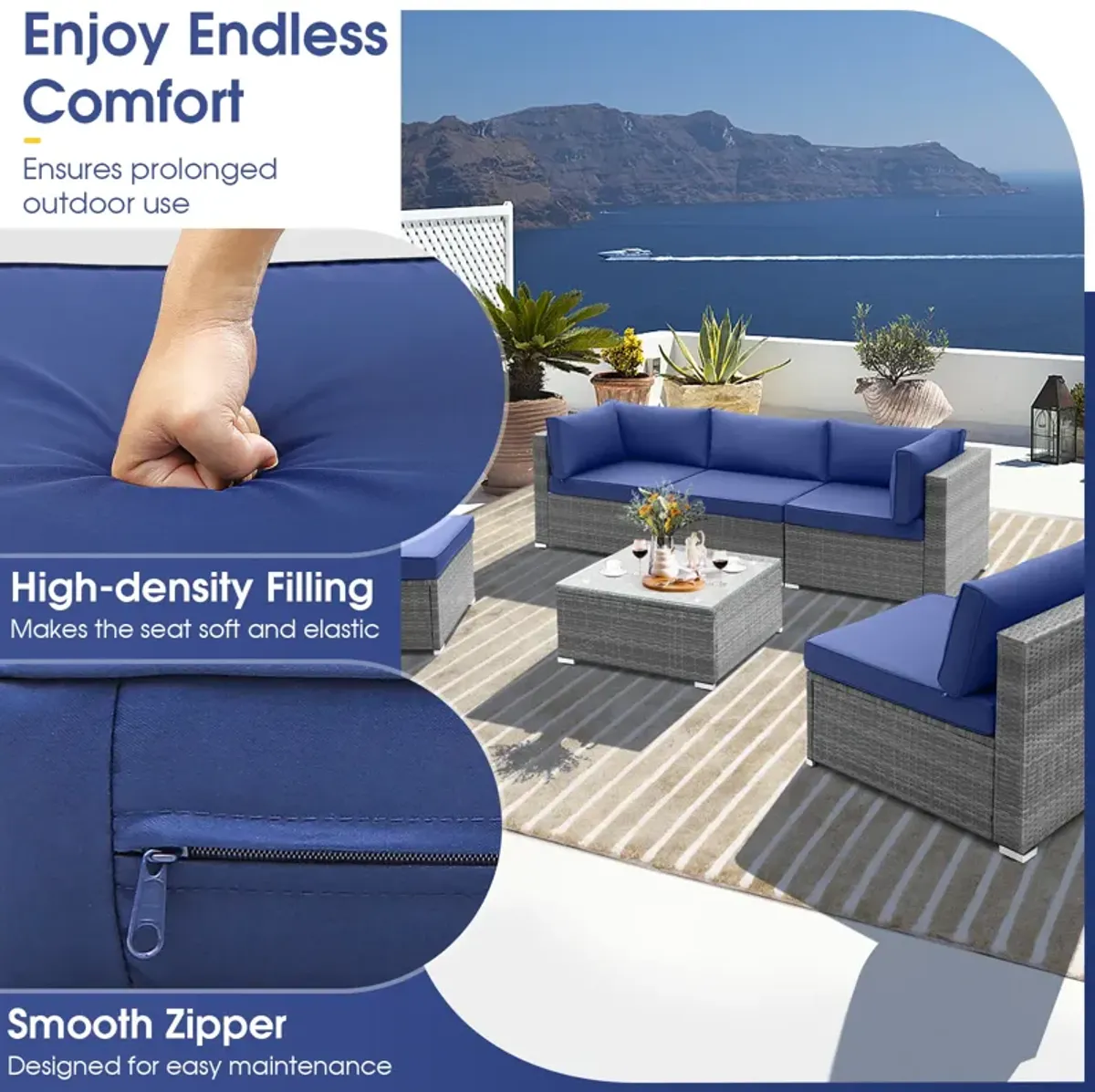 6 Piece Patio Conversation Sofa Set with Tempered Glass Coffee Table-Navy