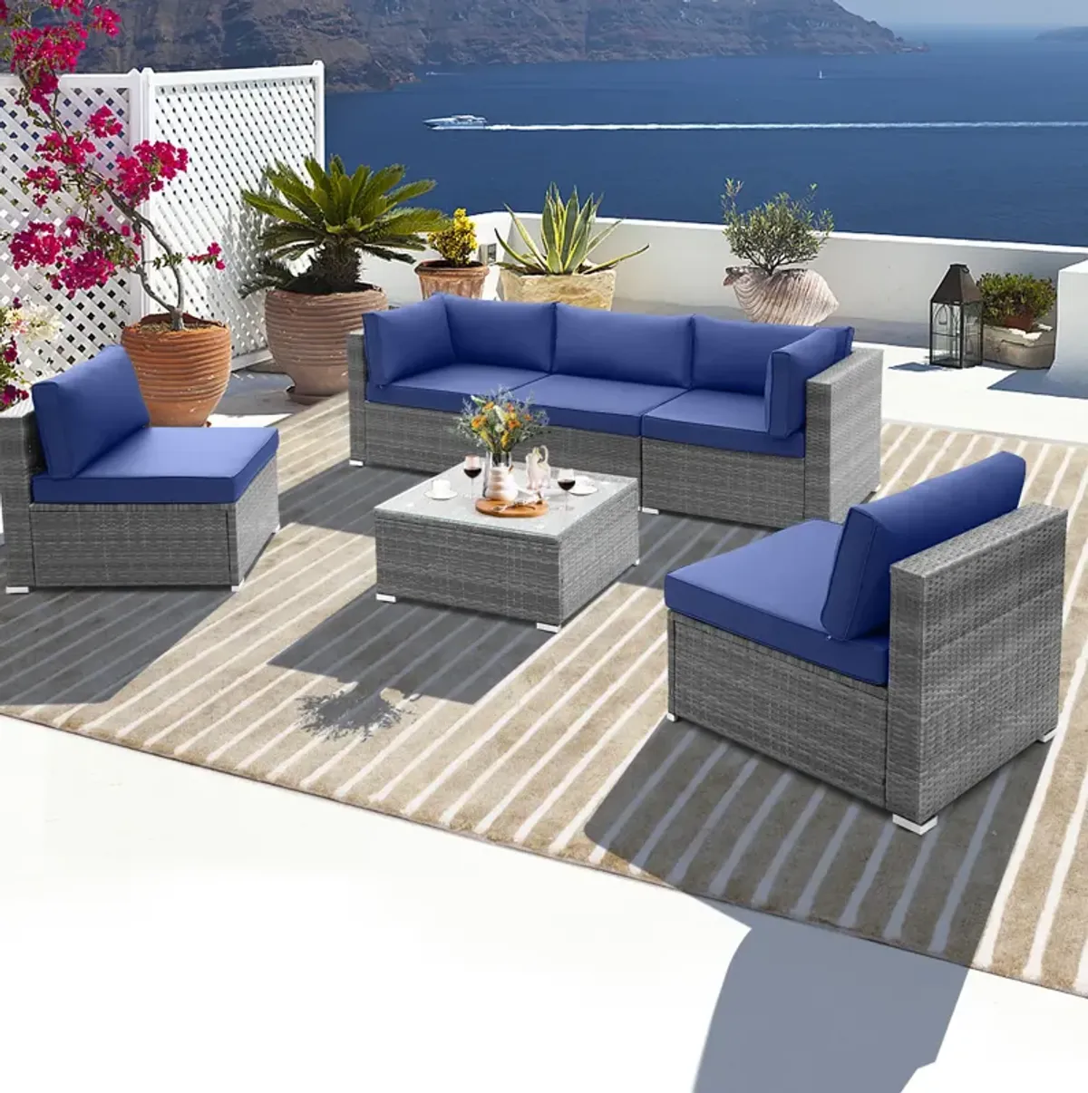 6 Piece Patio Conversation Sofa Set with Tempered Glass Coffee Table-Navy