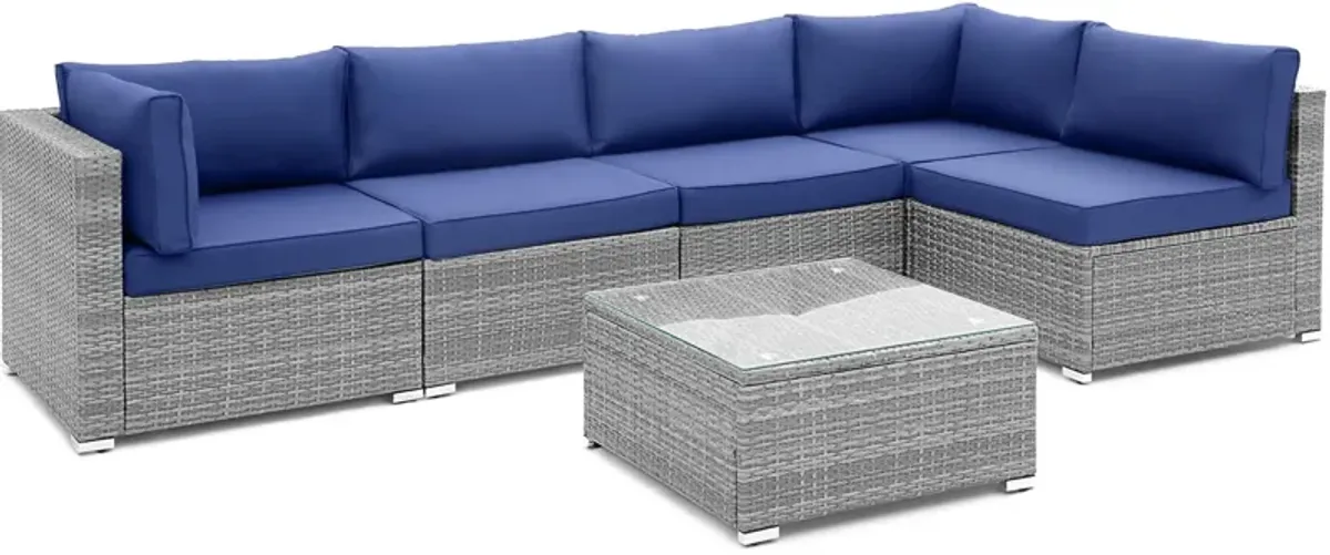 6 Piece Patio Conversation Sofa Set with Tempered Glass Coffee Table-Navy