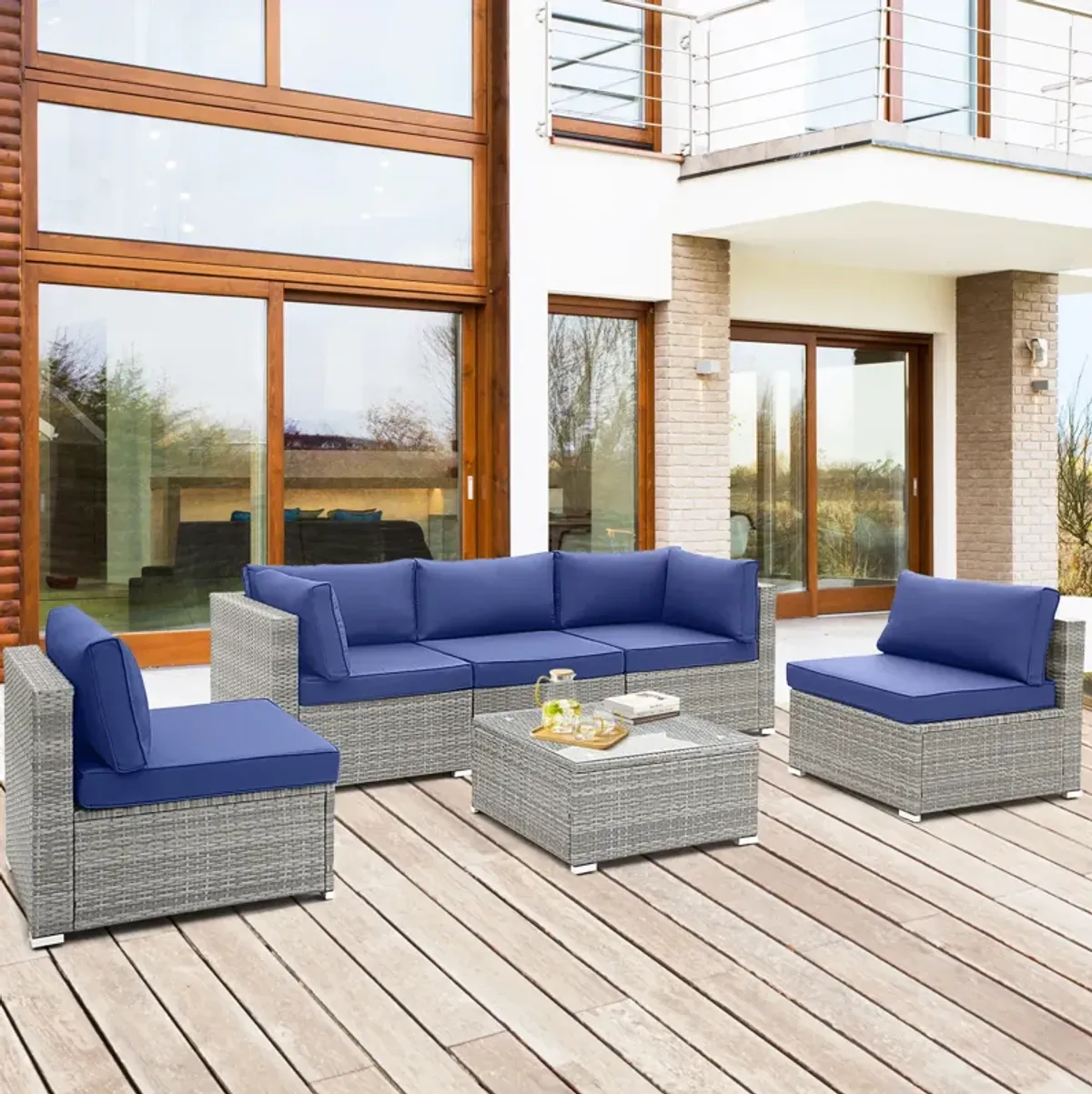 6 Piece Patio Conversation Sofa Set with Tempered Glass Coffee Table-Navy