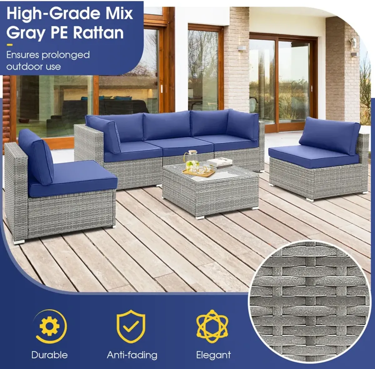 6 Piece Patio Conversation Sofa Set with Tempered Glass Coffee Table-Navy