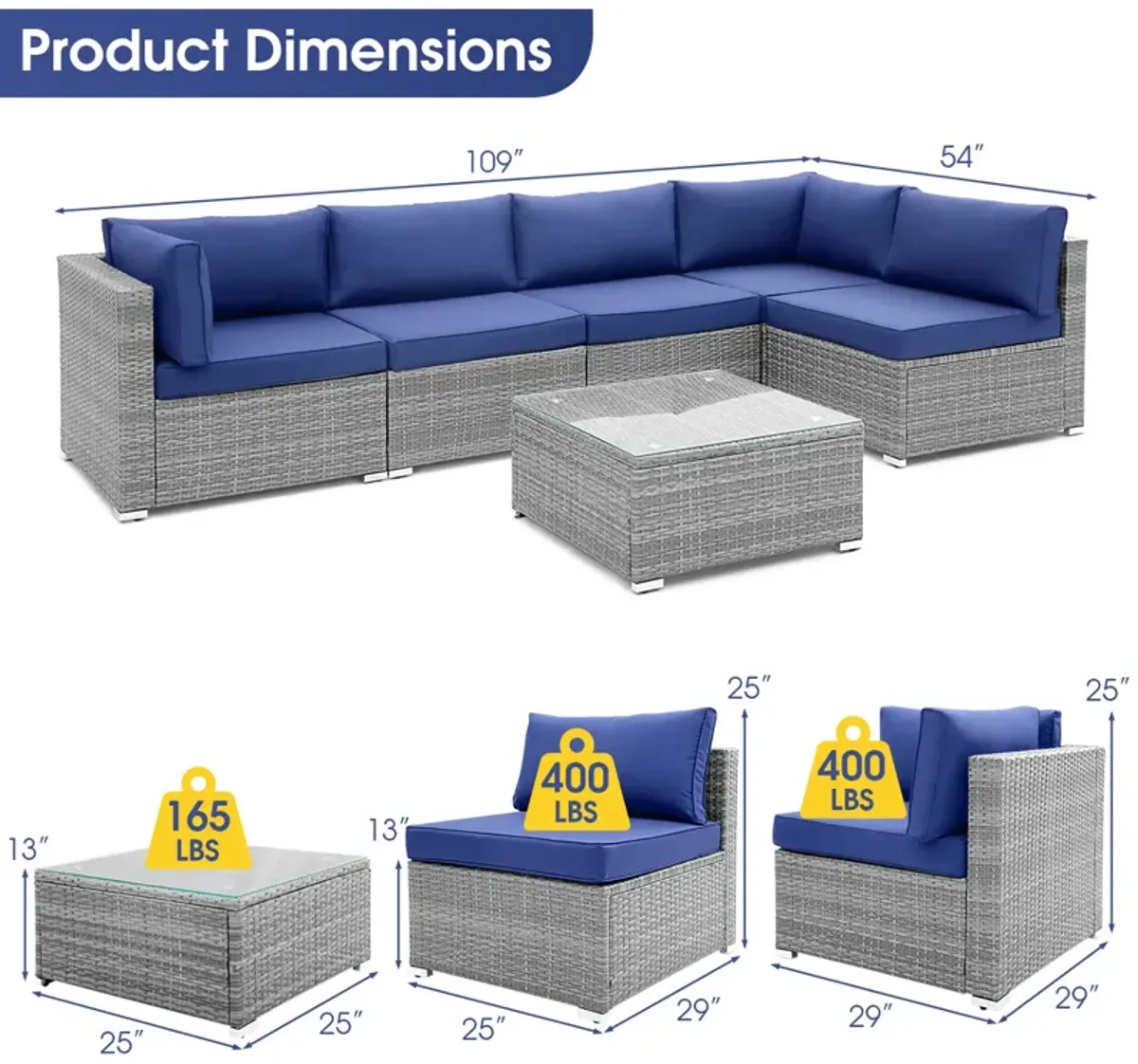 6 Piece Patio Conversation Sofa Set with Tempered Glass Coffee Table-Navy