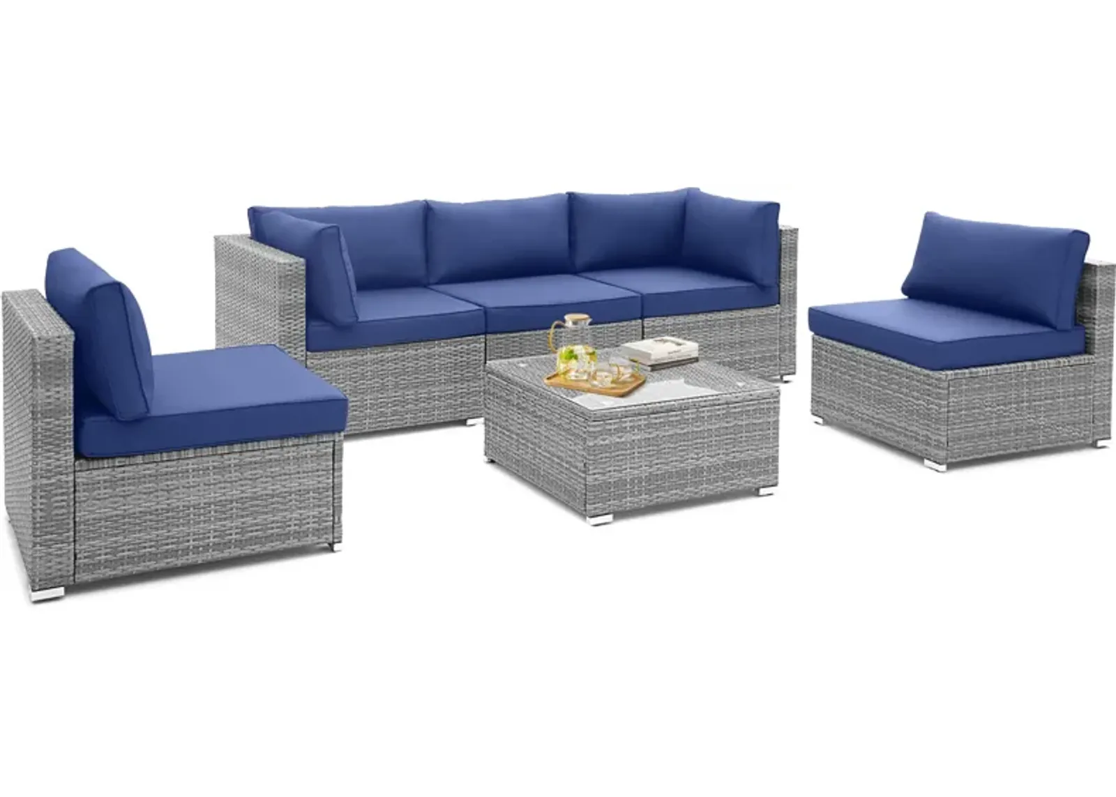 6 Piece Patio Conversation Sofa Set with Tempered Glass Coffee Table-Navy