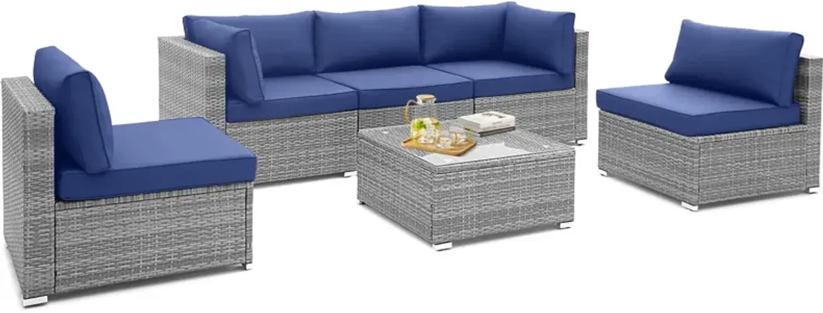 6 Piece Patio Conversation Sofa Set with Tempered Glass Coffee Table-Navy