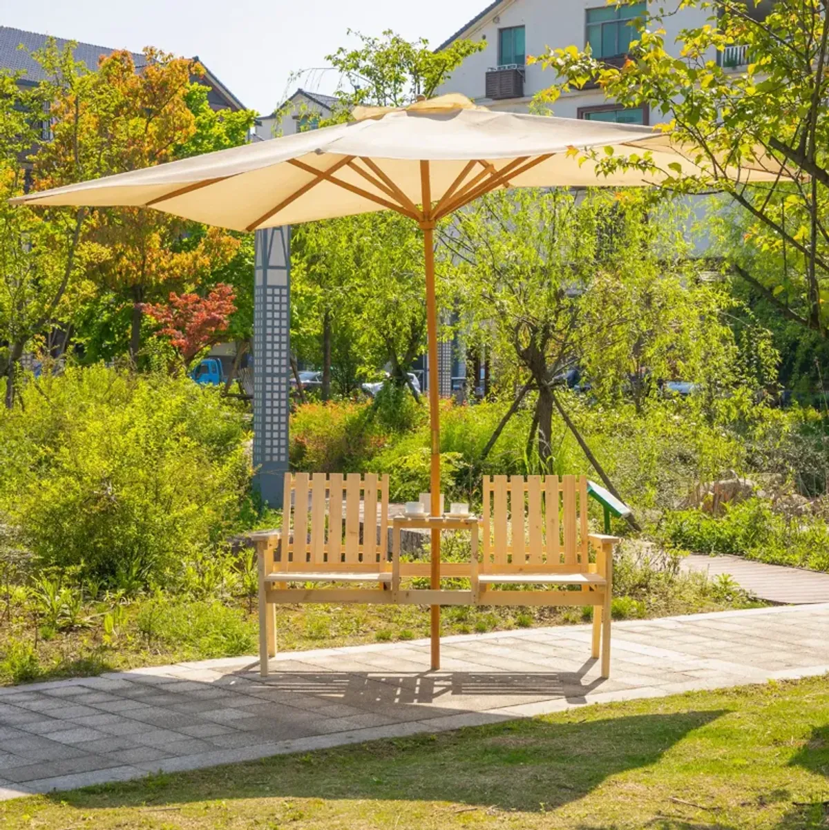 Natural Wood Outdoor Duo: Garden Loveseat with Umbrella Hole Table