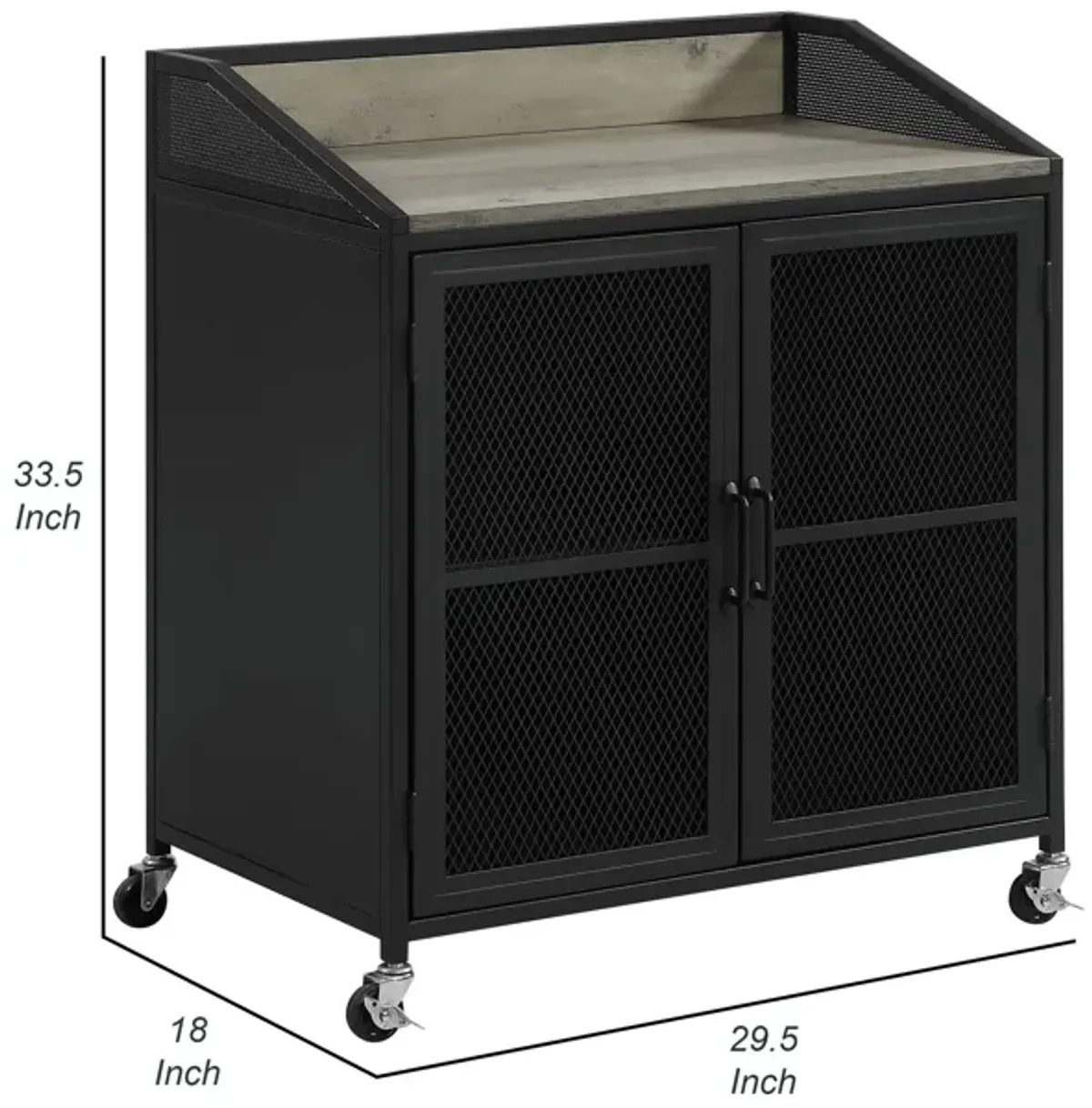 34 Inch Bar Cabinet On Wheels, Wire Mesh Doors, Wood Grain Details, Black - Benzara