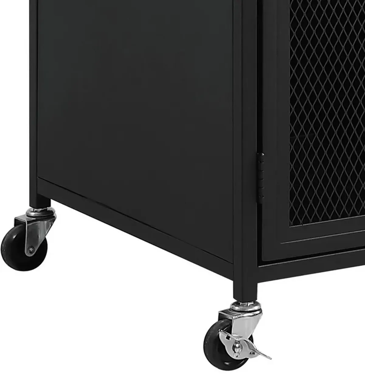 34 Inch Bar Cabinet On Wheels, Wire Mesh Doors, Wood Grain Details, Black - Benzara