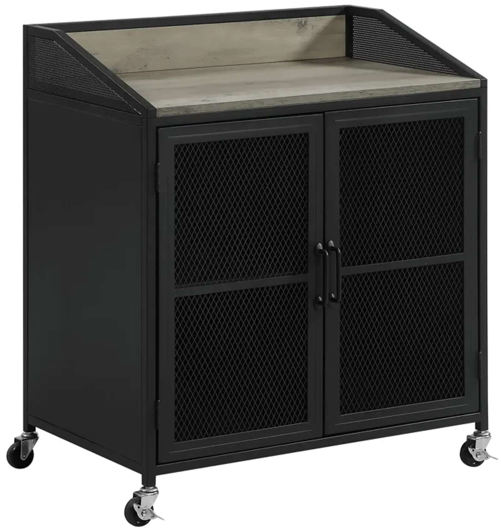 34 Inch Bar Cabinet On Wheels, Wire Mesh Doors, Wood Grain Details, Black - Benzara