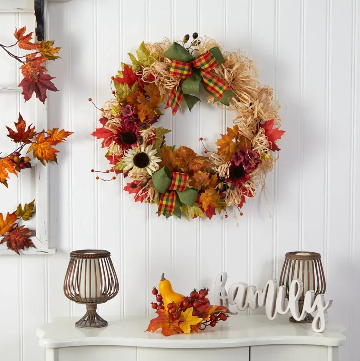 HomPlanti 30" Harvest Autumn Sunflower, Maple Leaves and Berries Artificial Fall Wreath with Decorative Bows