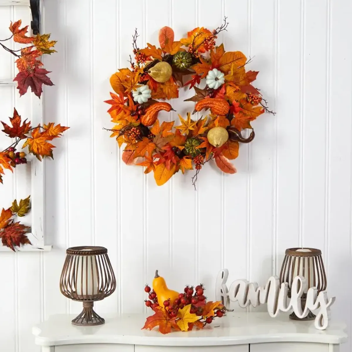 Hivvago 30" Harvest Autumn Sunflower, Maple Leaves and Berries Artificial Fall Wreath with Decorative Bows