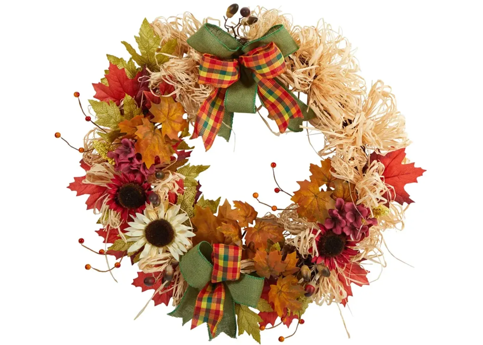 HomPlanti 30" Harvest Autumn Sunflower, Maple Leaves and Berries Artificial Fall Wreath with Decorative Bows