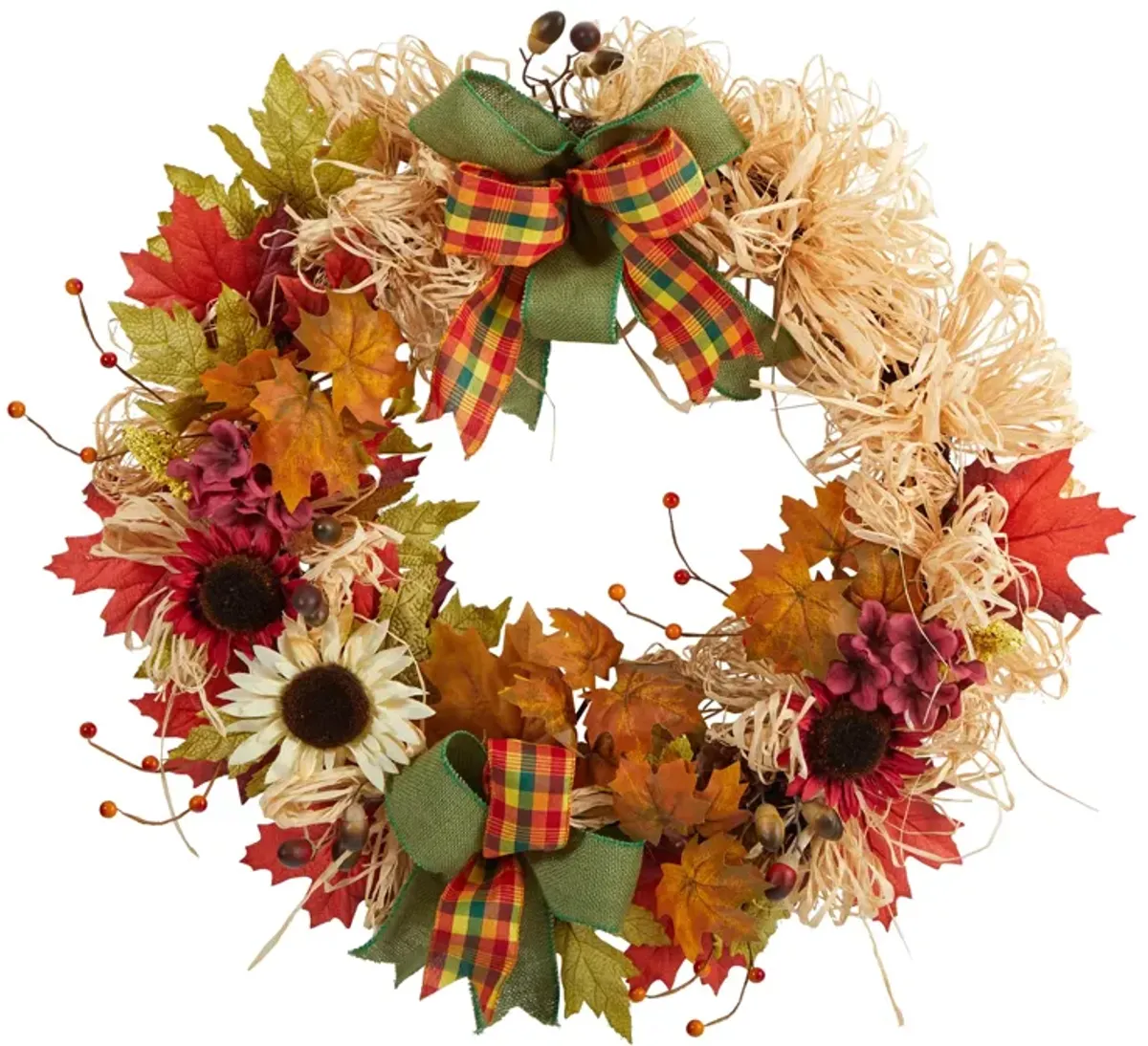 HomPlanti 30" Harvest Autumn Sunflower, Maple Leaves and Berries Artificial Fall Wreath with Decorative Bows