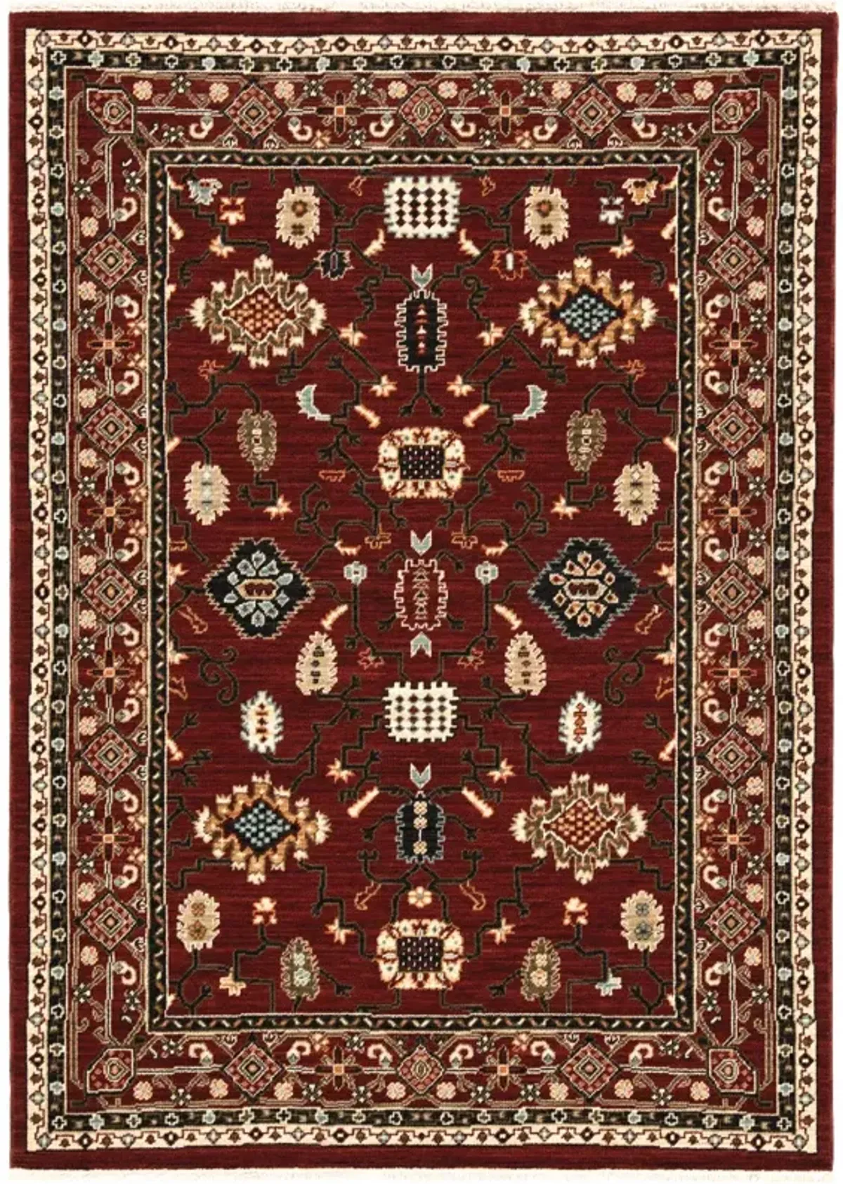 2 X 3 Red Black Ivory And Brown Oriental Power Loom Stain Resistant Area Rug With Fringe