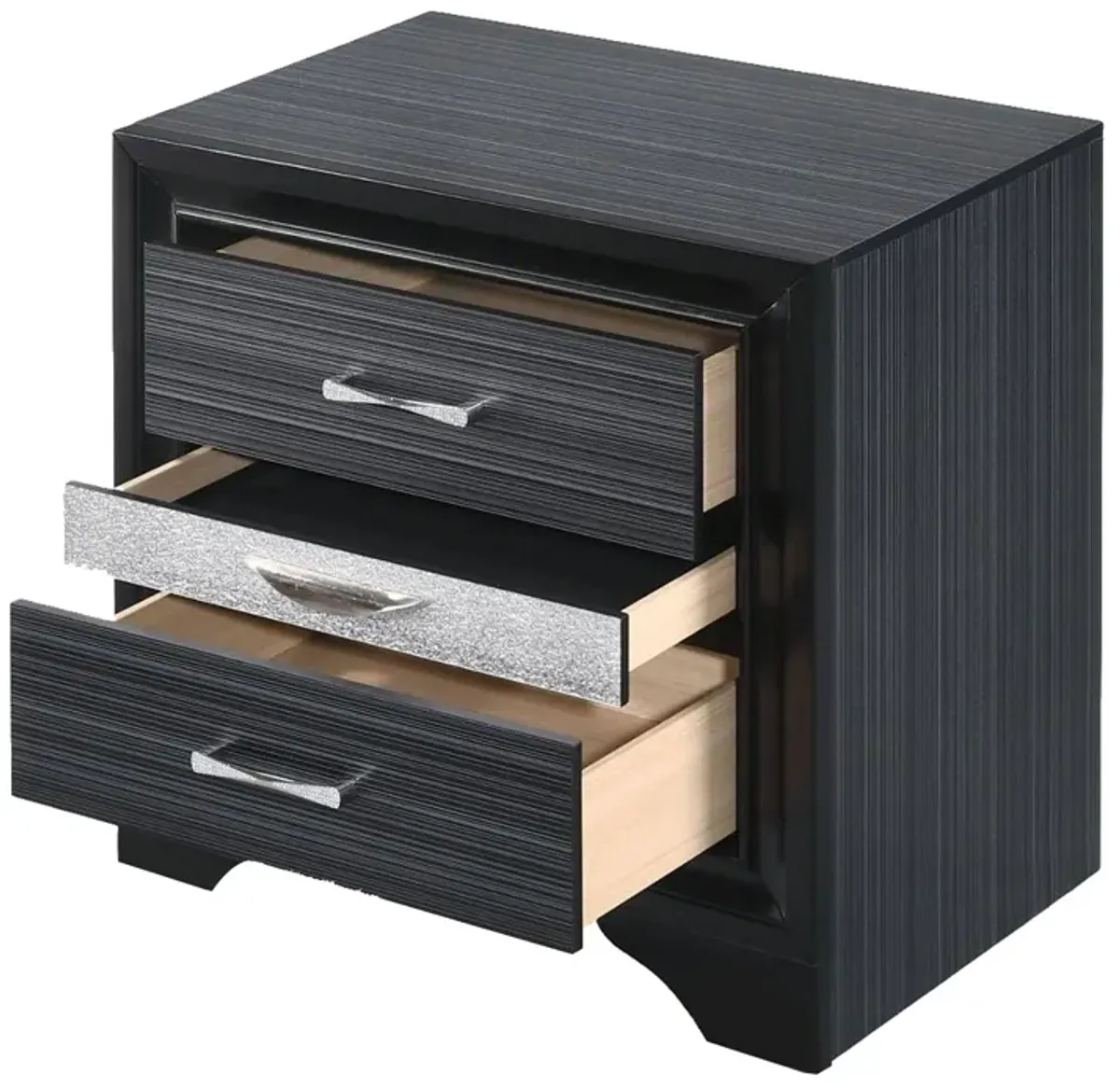 Two Tone Wooden Nightstand With Three Drawers, Black And Silver-Benzara