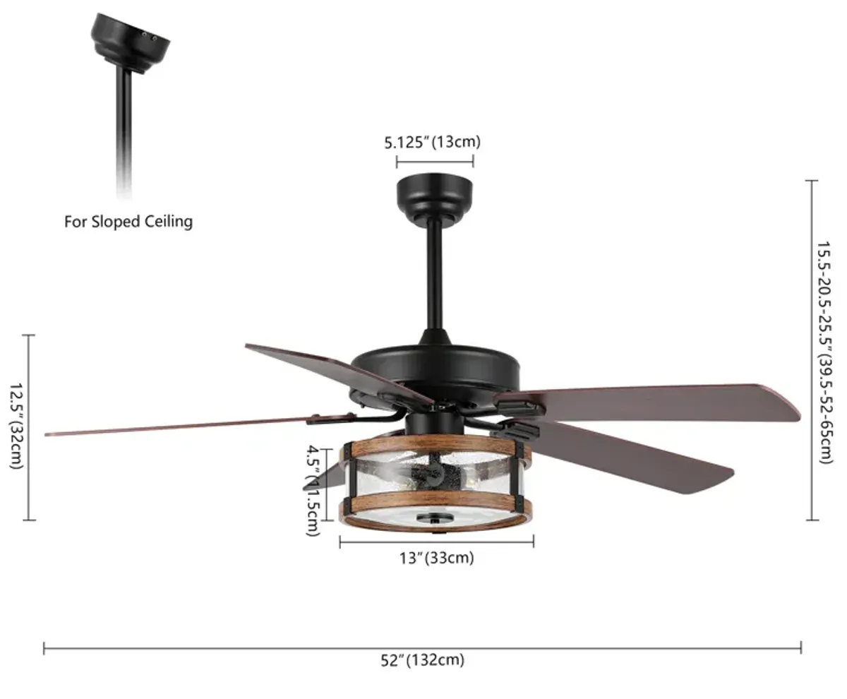 Joanna 2-Light Rustic Industrial Iron/Wood/Seeded Glass Mobile-App/Remote-Controlled LED Ceiling Fan