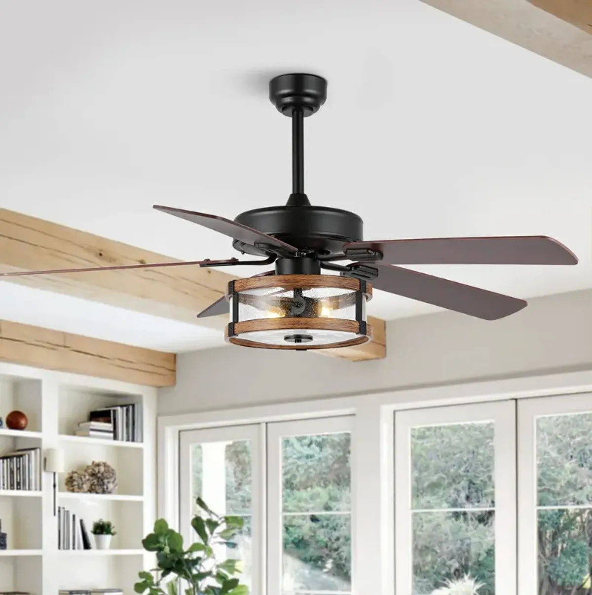 Joanna 2-Light Rustic Industrial Iron/Wood/Seeded Glass Mobile-App/Remote-Controlled LED Ceiling Fan