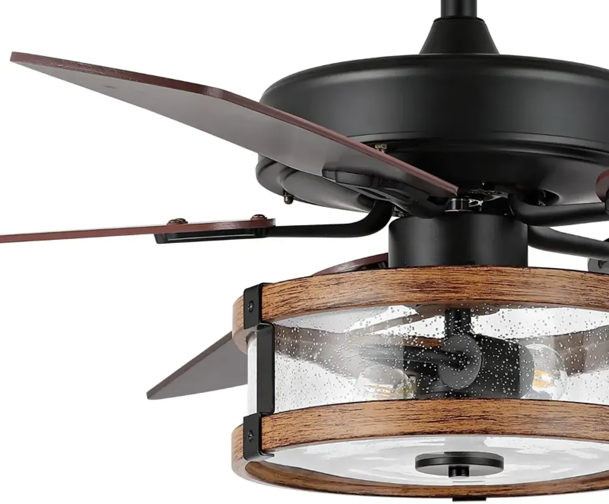 Joanna 2-Light Rustic Industrial Iron/Wood/Seeded Glass Mobile-App/Remote-Controlled LED Ceiling Fan