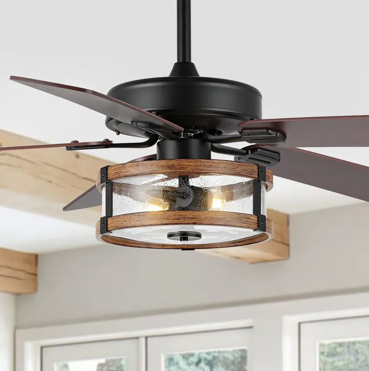 Joanna 2-Light Rustic Industrial Iron/Wood/Seeded Glass Mobile-App/Remote-Controlled LED Ceiling Fan