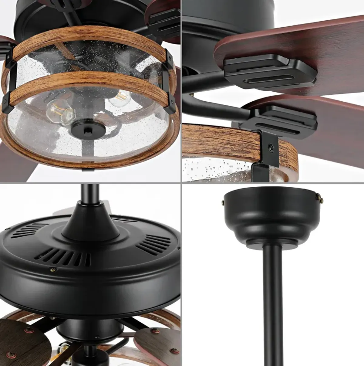 Joanna 2-Light Rustic Industrial Iron/Wood/Seeded Glass Mobile-App/Remote-Controlled LED Ceiling Fan