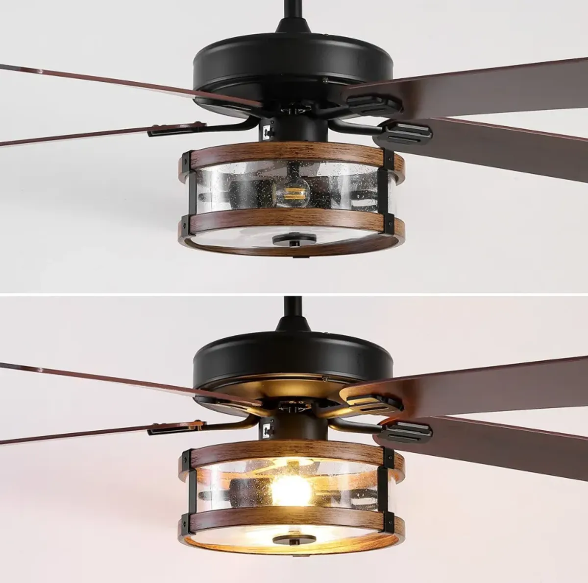 Joanna 2-Light Rustic Industrial Iron/Wood/Seeded Glass Mobile-App/Remote-Controlled LED Ceiling Fan