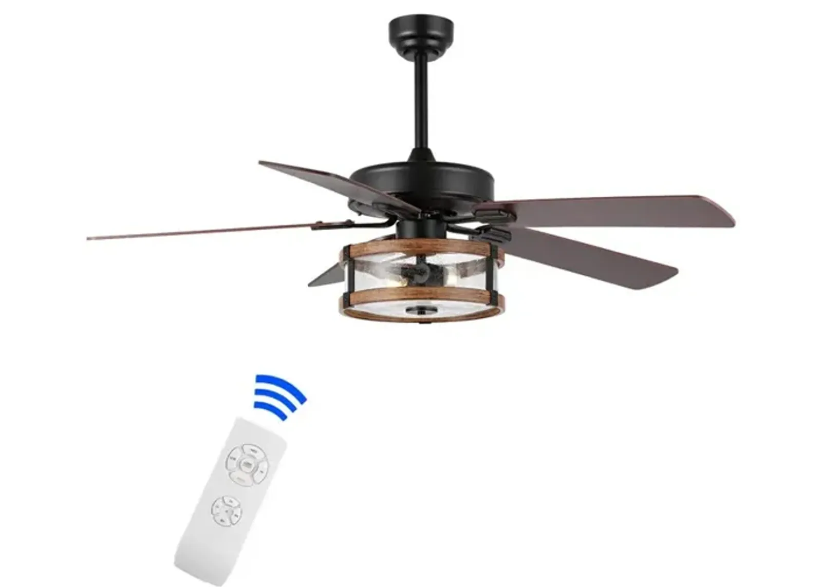 Joanna 2-Light Rustic Industrial Iron/Wood/Seeded Glass Mobile-App/Remote-Controlled LED Ceiling Fan