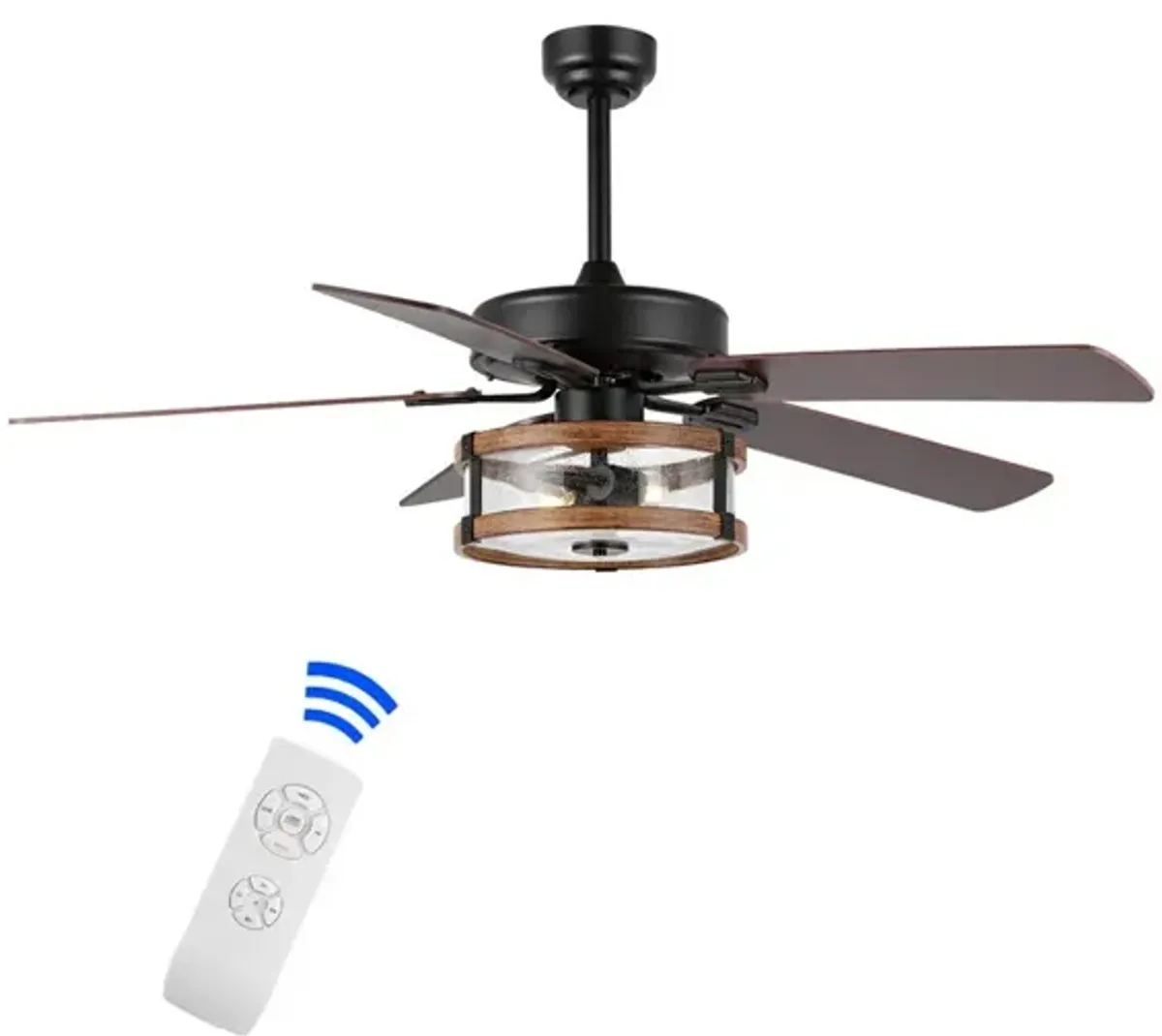 Joanna 2-Light Rustic Industrial Iron/Wood/Seeded Glass Mobile-App/Remote-Controlled LED Ceiling Fan