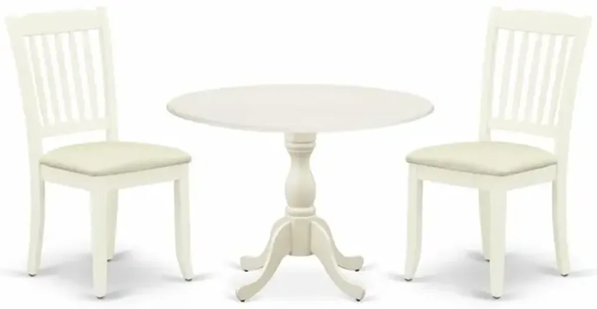 East West Furniture DMDA3-LWH-C 3 Piece Dining Room Table Set Includes 1 Drop Leaves Dining Room Table and 2 Linen White Wooden Dining Chairs with Slatted Back - Linen White Finish