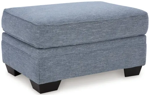 Sano Ottoman, Denim Blue Polyester, Soft Cushions, Black Wood, 38 Inch - Benzara