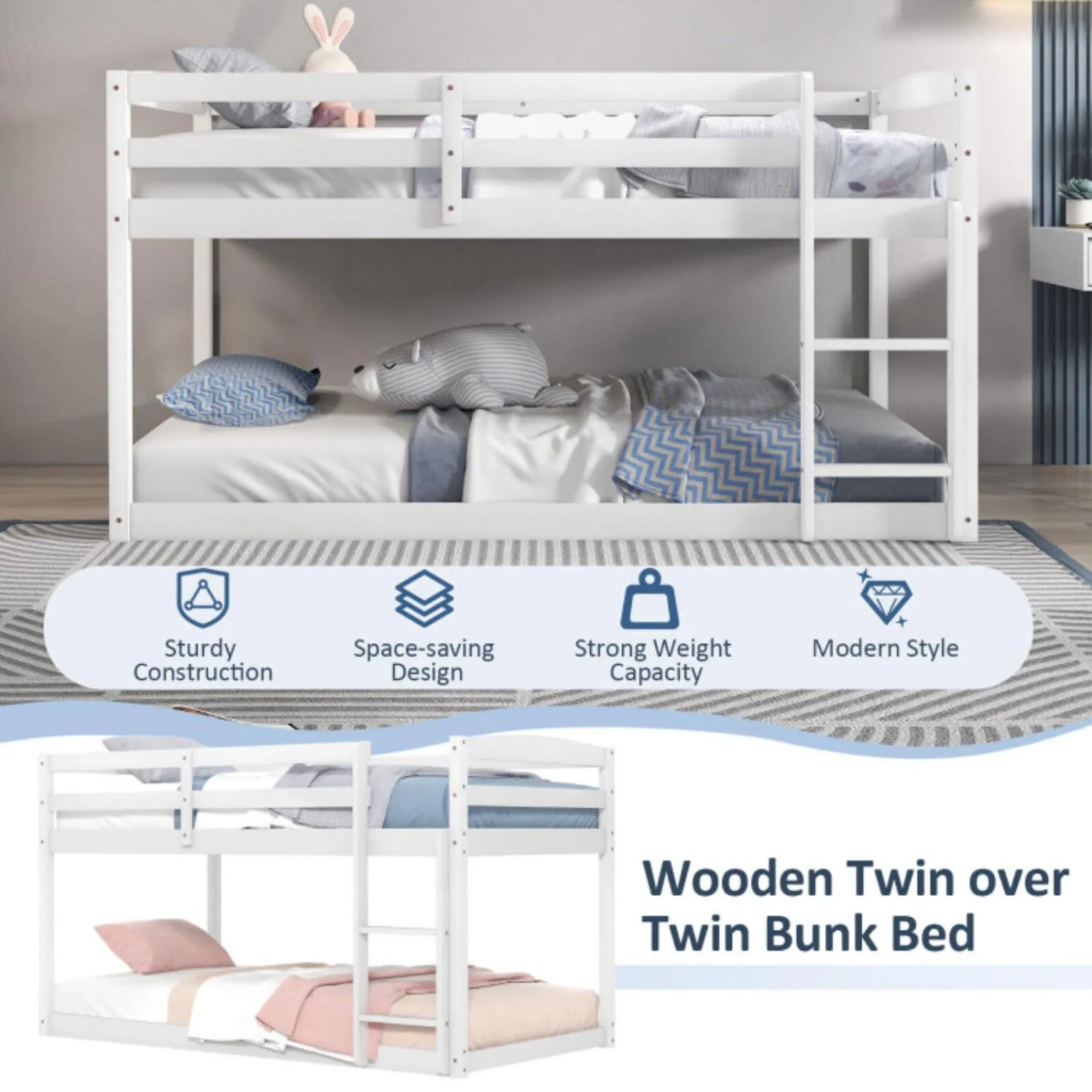 Hivvago Twin Size Bunk Bed with High Guardrails and Integrated Ladder
