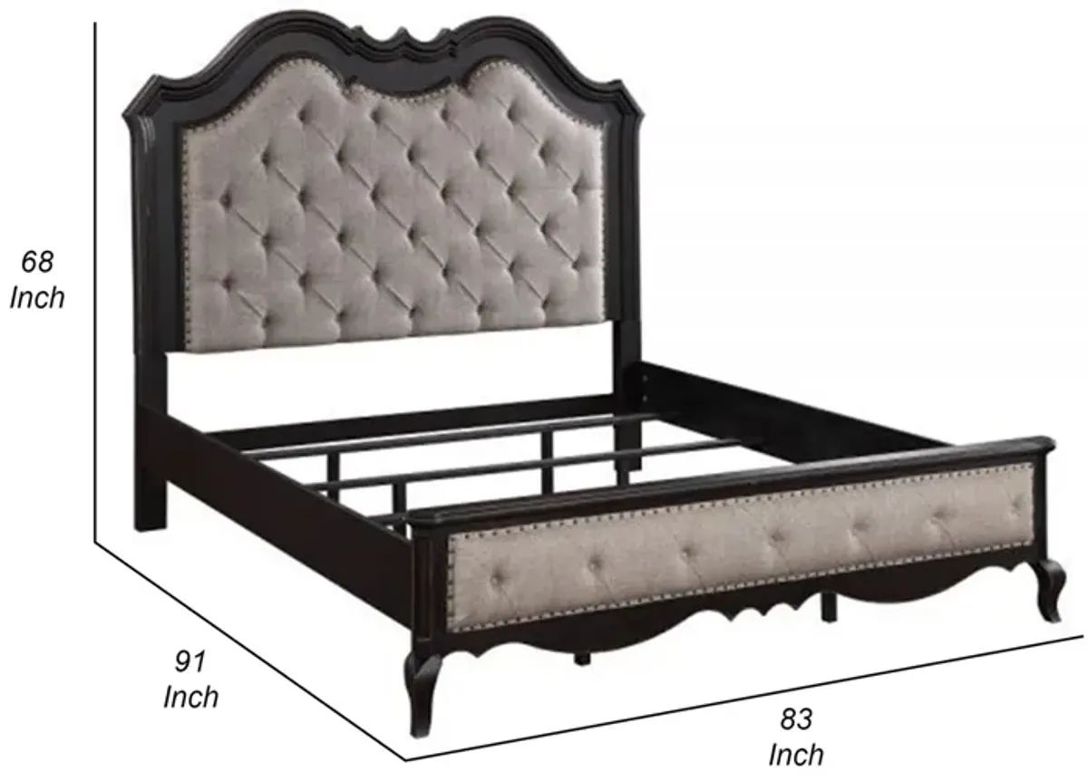 Benjara Chery King Size Bed with Button Tufted Headboard, Upholstery, Beige, Black