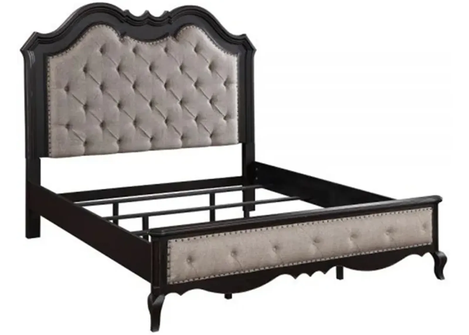 Benjara Chery King Size Bed with Button Tufted Headboard, Upholstery, Beige, Black