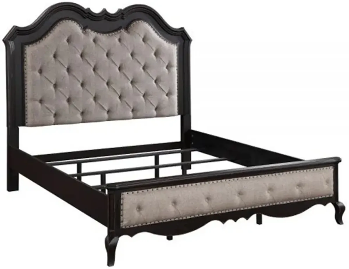 Benjara Chery King Size Bed with Button Tufted Headboard, Upholstery, Beige, Black