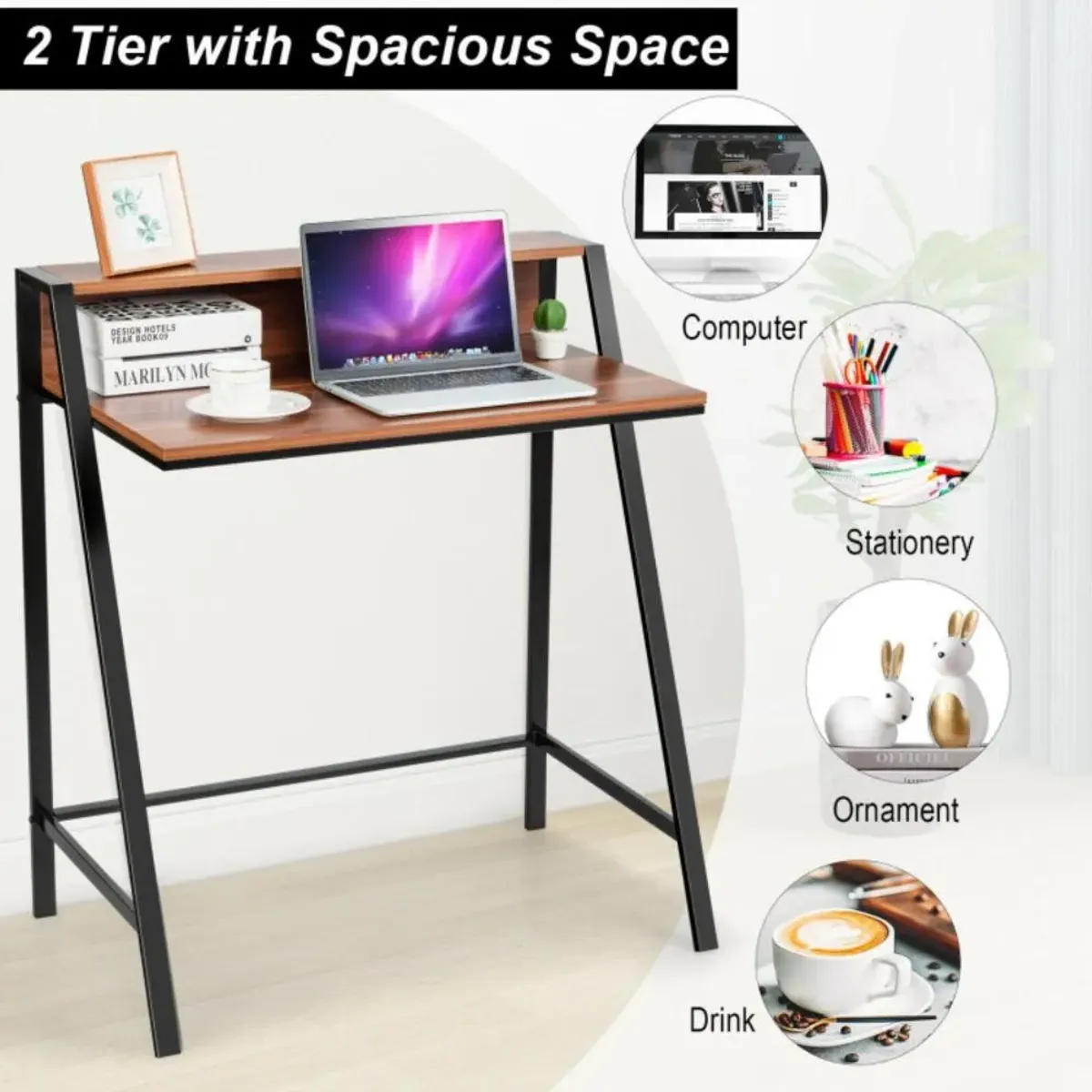 Hivvago 2 Tier Small Computer Desk with Sturdy Frame for Small Place