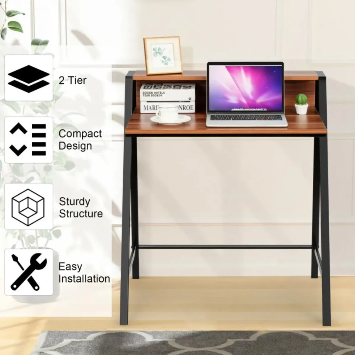 Hivvago 2 Tier Small Computer Desk with Sturdy Frame for Small Place