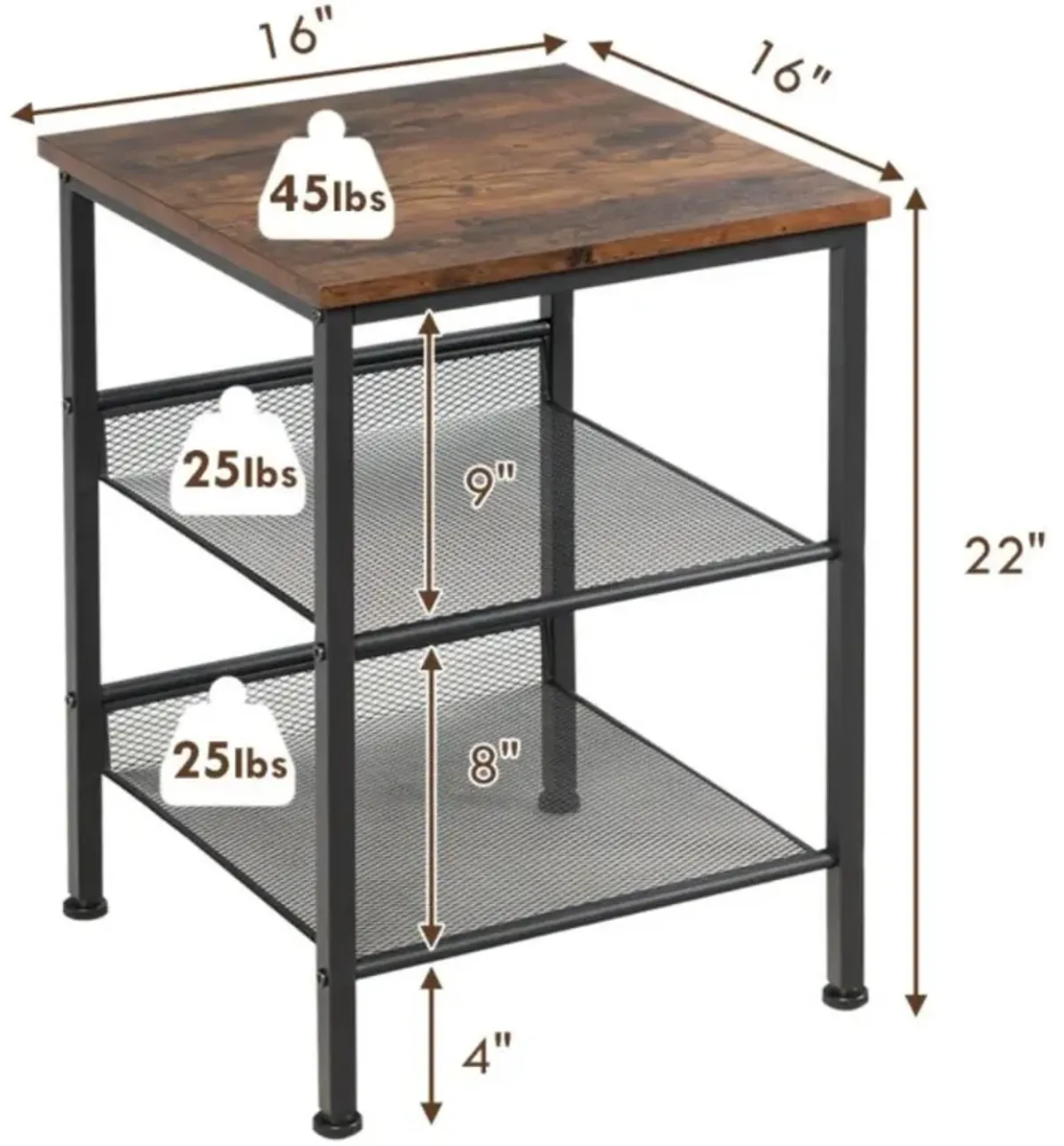 Hivvago 3-Tier Industrial End Table with Mesh Shelves and Adjustable Shelves