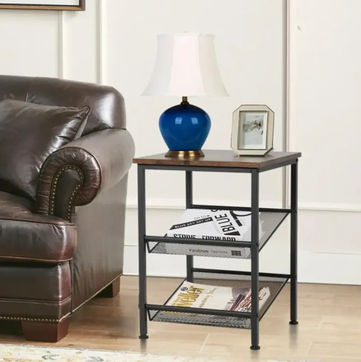 Hivvago 3-Tier Industrial End Table with Mesh Shelves and Adjustable Shelves