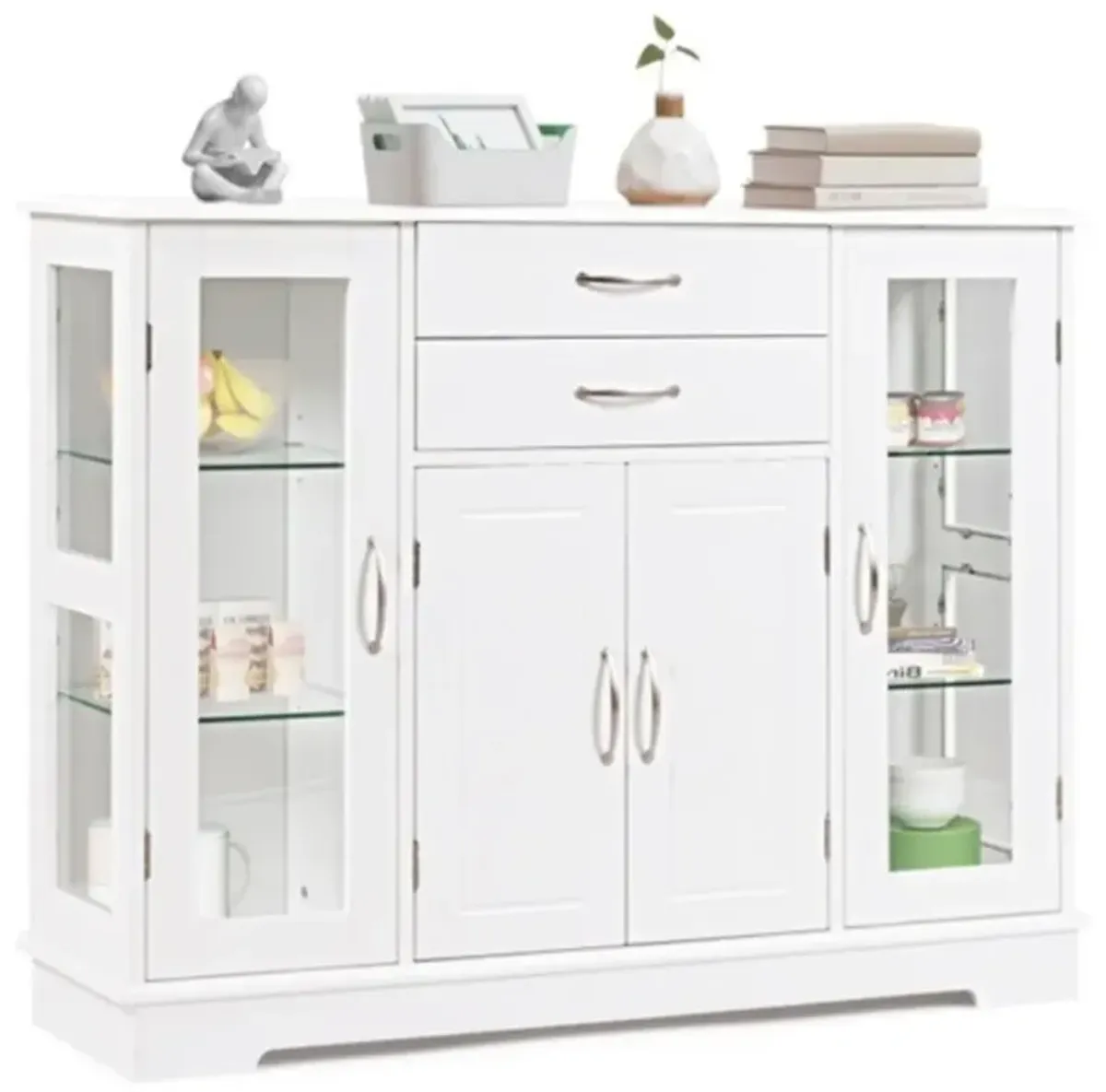 Classic Wood Sideboard Buffet Cabinet with Glass Panels & Storage
