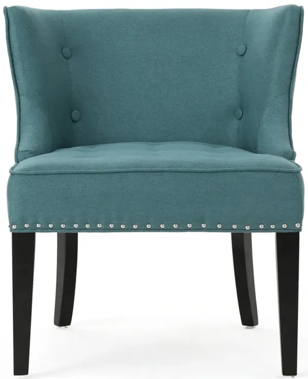 Samuel Accent Chair, Button Tufted Waffle Stitch Teal Fabric, Brown Wood