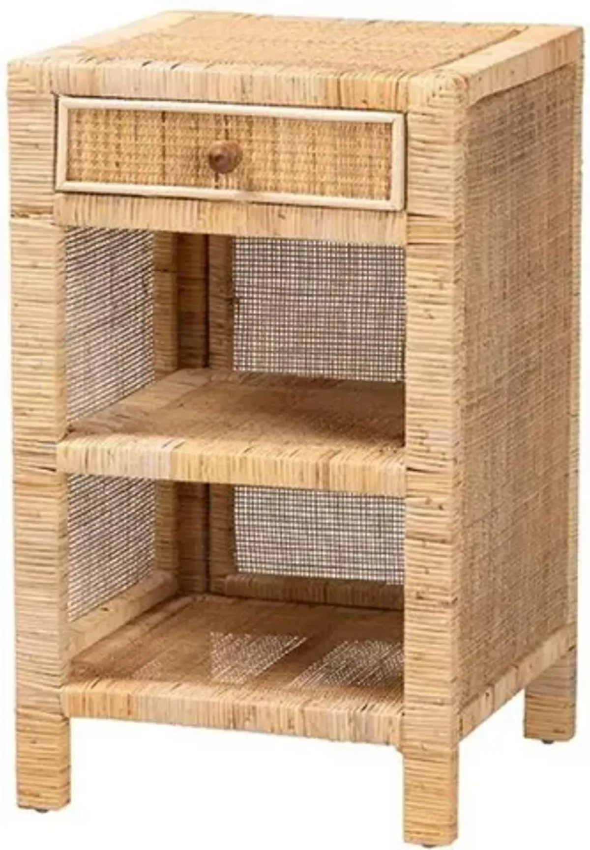 Bohemian Natural Brown Mahogany Wood and Natural Rattan 1-Drawer Nightstand