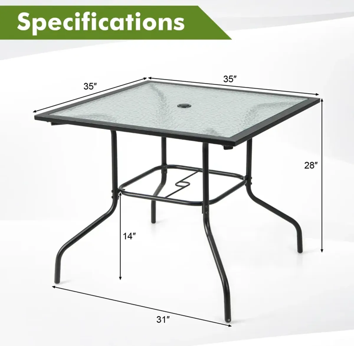 35 x 35 Inch Patio Dining Table with 1.5" Umbrella Hole