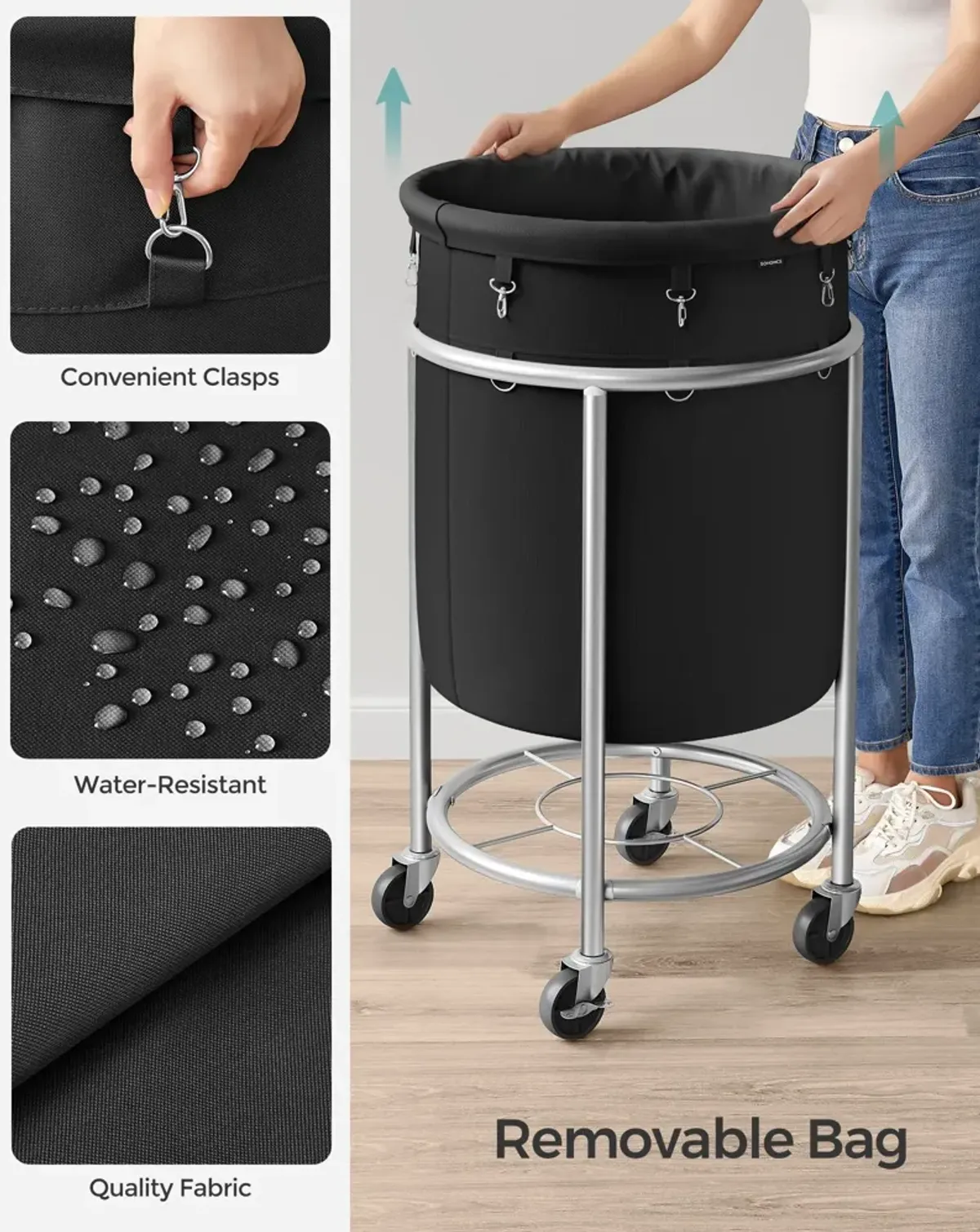 Laundry Basket with Wheels and Removable Bag, Steel Frame, 4 Casters and 2 Brakes