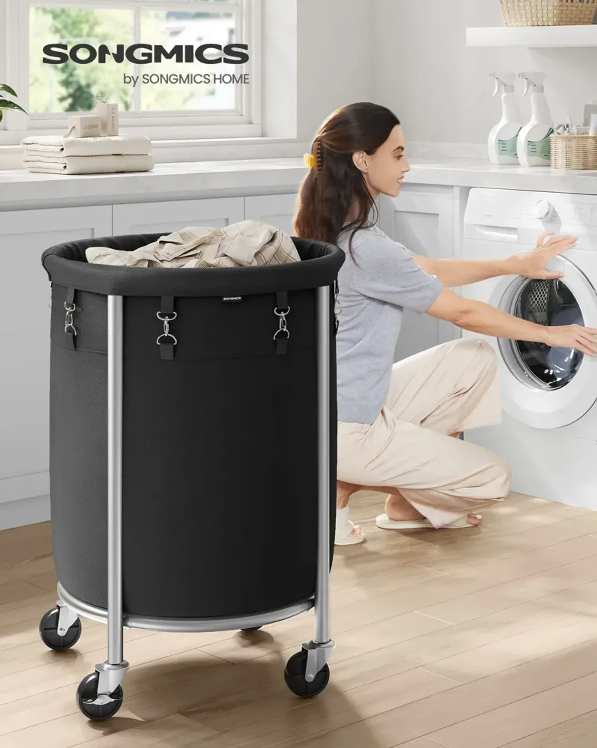 Laundry Basket with Wheels and Removable Bag, Steel Frame, 4 Casters and 2 Brakes