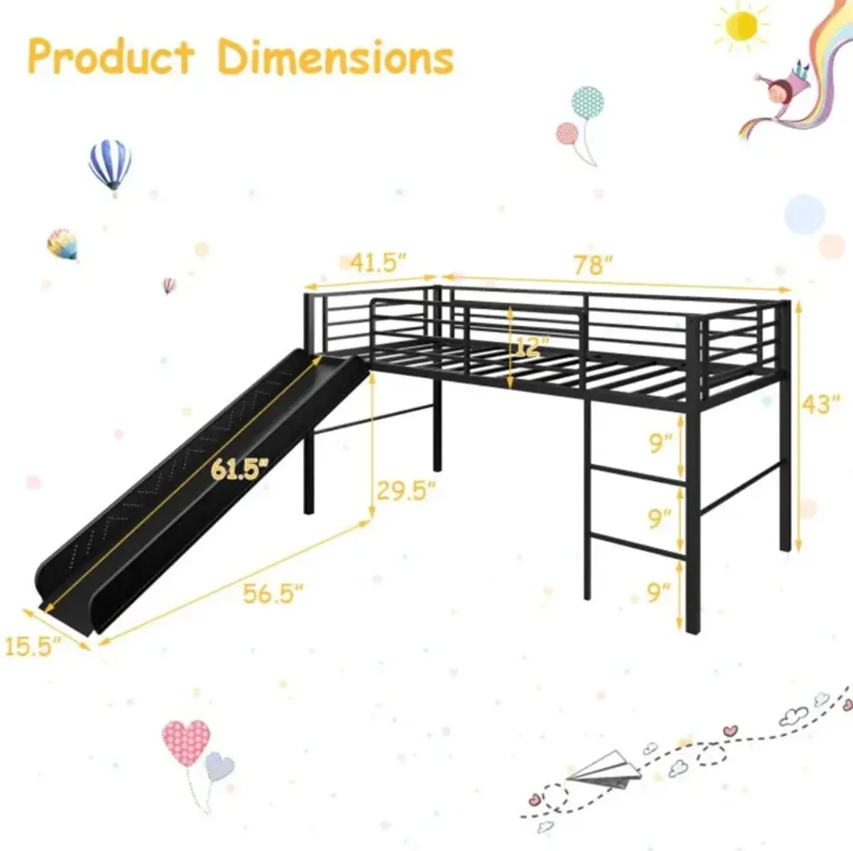 Hivvago Twin Metal Loft Bed with Slide Safety Guardrails and Built-in Ladder