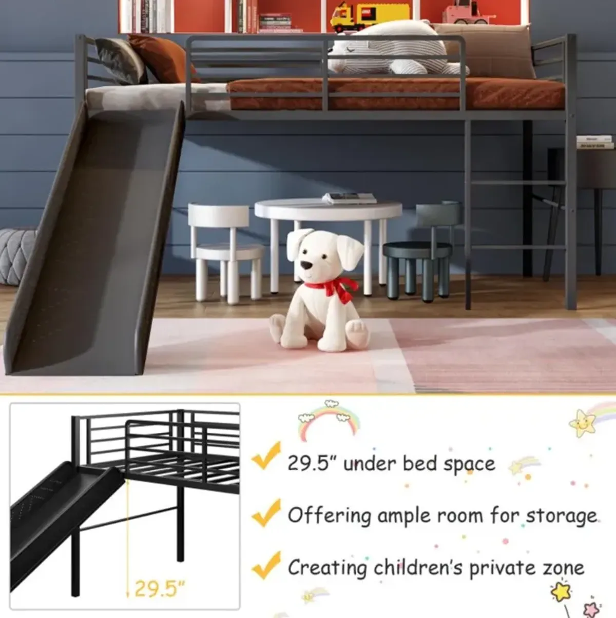 Hivvago Twin Metal Loft Bed with Slide Safety Guardrails and Built-in Ladder